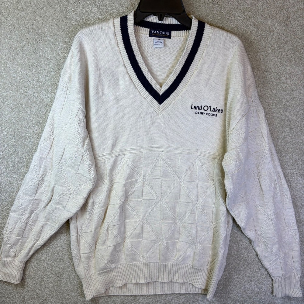 Vintage Land O Lakes Dairy Foods V-Neck Sweater‎ Men Medium Aran Cable Knit USA